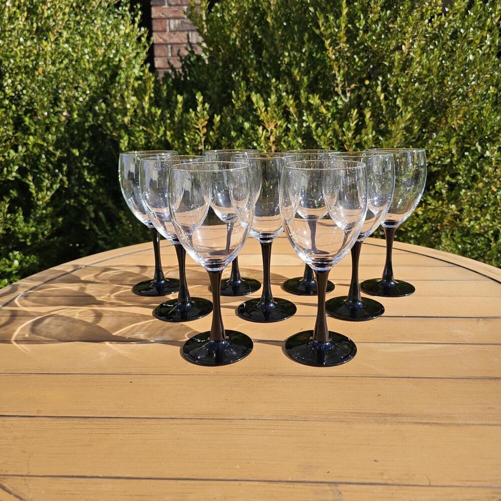 Vintage Set of 9 Luminarc Domino Black Stemmed Wine Glasses
